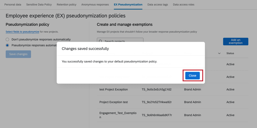 Drucktaste zum Schließen nach Bestätigung des Sicherns hervorgehoben