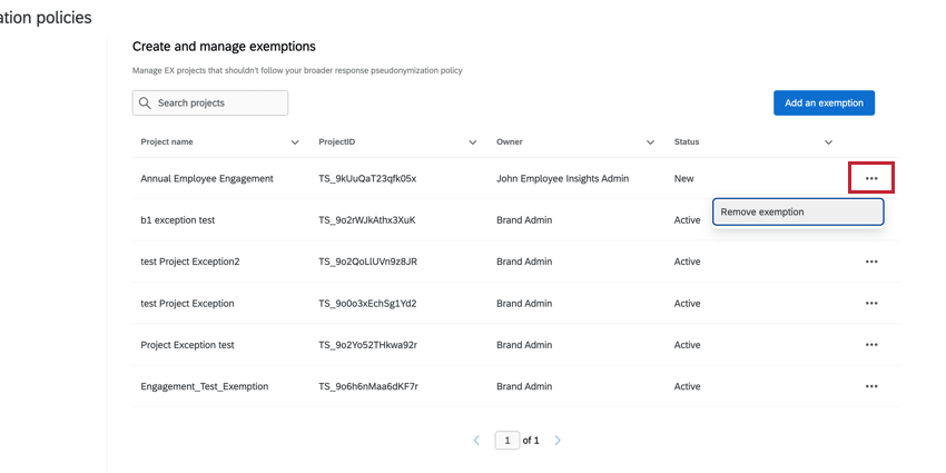 Three dot navigation menu allows you to remove exemption
