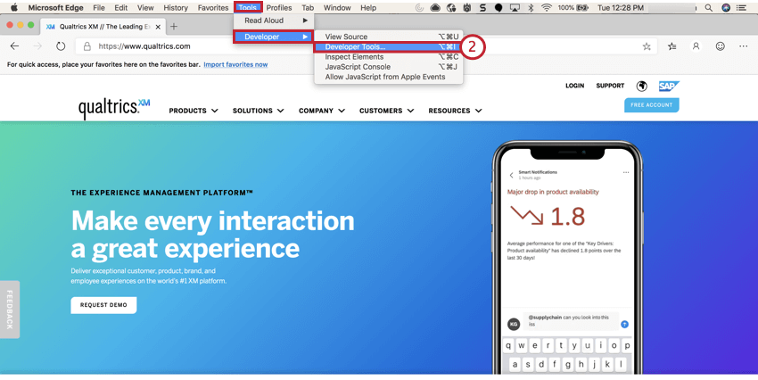 imagen del menú de herramientas para desarrolladores en Microsoft Edge