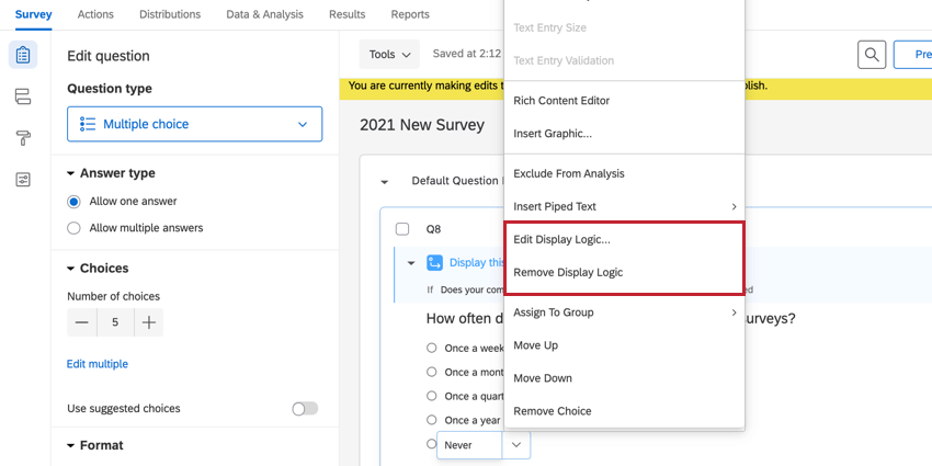 the edit and remove options for display logic on an answer choice