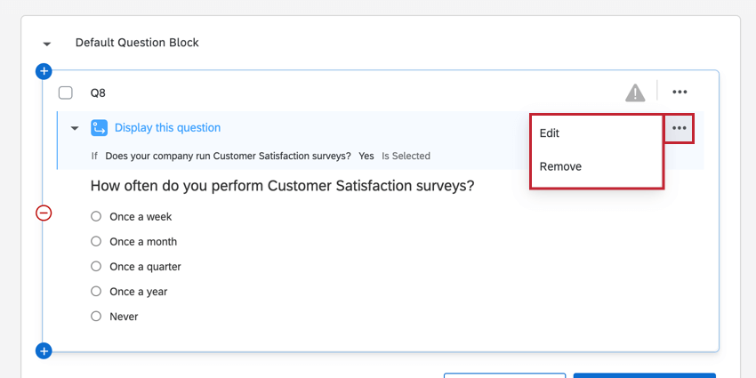 a opção de editar e remover lógica de exibição em uma pergunta