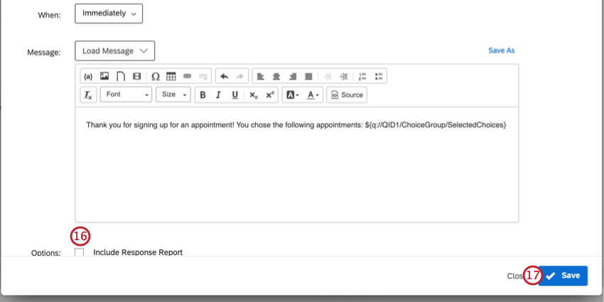 the include response report option is disabled. click save to finish setting up the action