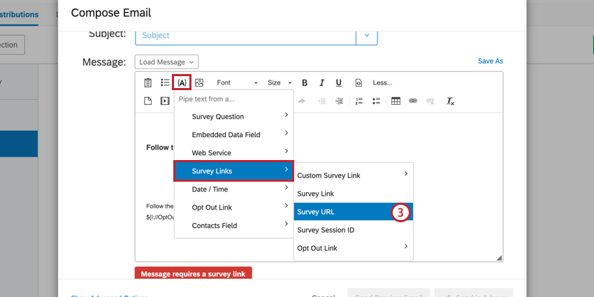 the email editor. click the piped text button --> survey links --> survey URL to insert the correct piped text