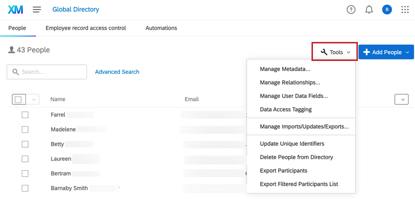 il menu Strumenti della Directory degli impiegati