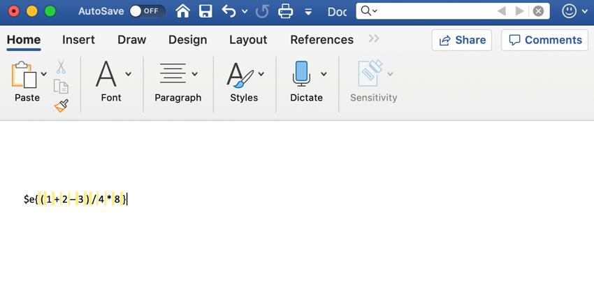 Eine mathematische Gleichung wurde in ein Word-Dokument eingefügt. Eine Suche nach dem Leerzeichen wurde durchgeführt; daher ist jedes Leerzeichen in der Gleichung hervorgehoben.