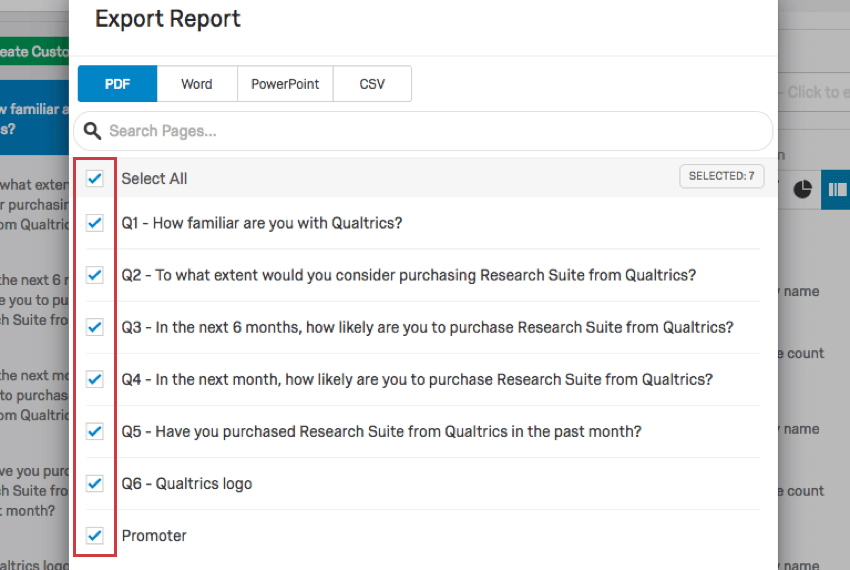 Export Report window with all questions selected