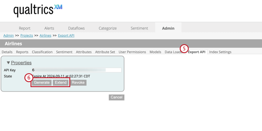 Export API tab in the project settings of the admin tab. Generate and Extend options are highlighted