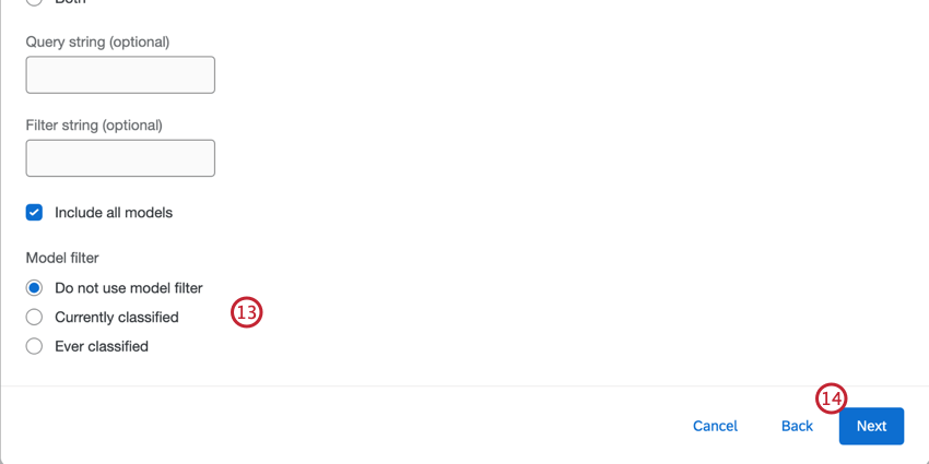 Options du filtre du modèle et bouton Suivant