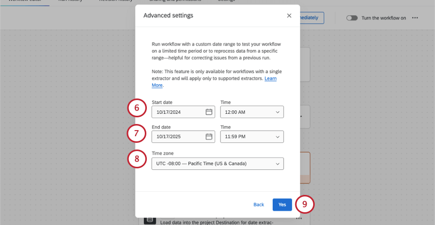 Escolha de uma data e hora para o intervalo de datas personalizado