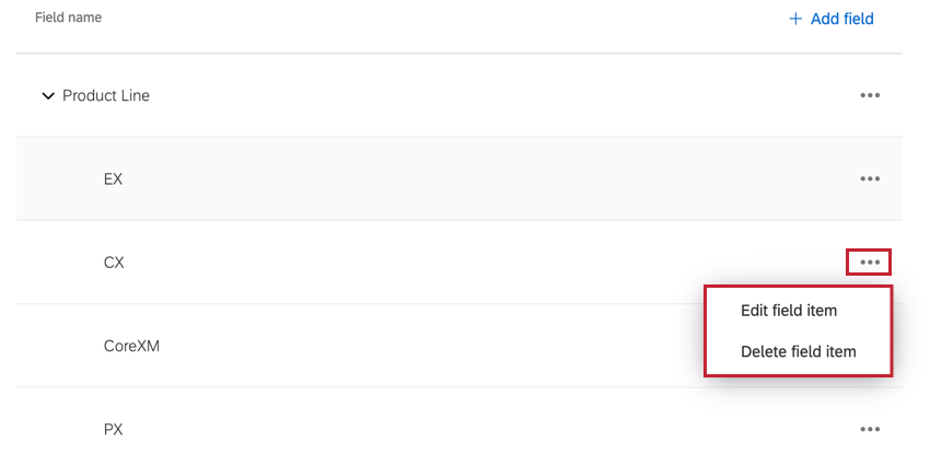 the options to edit and delete field items