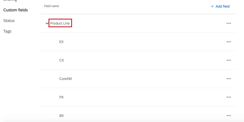 a custom field has been expanded and its items are listed below