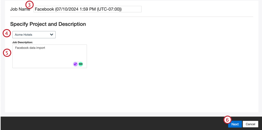 job name, description, and the project from the dropdown