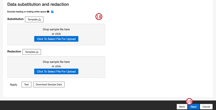 Datensubstitutions- und Unkenntlichmachungs-Upload-Bereiche