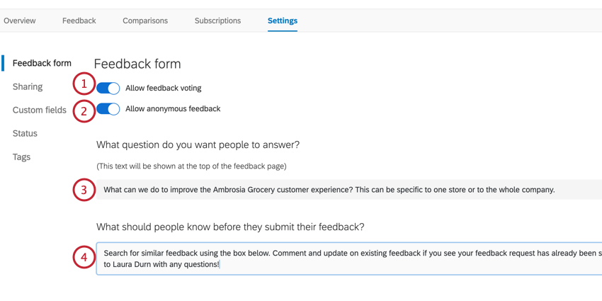 Einstellungsseite aus einem Feedback