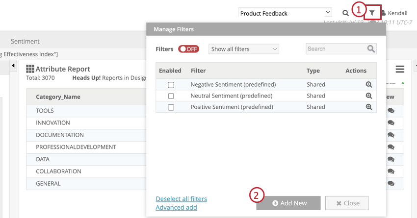 Filter icon and adding a new filter button highlighted