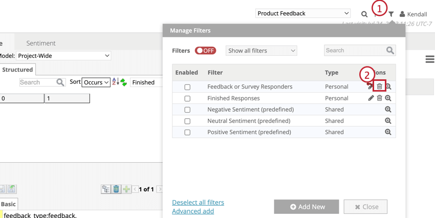 Highlights the trash icon to delete a filter