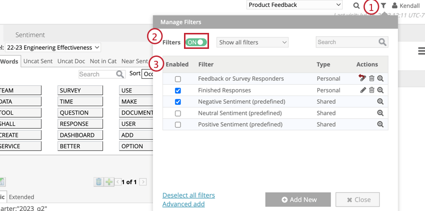 Activar filtros desde el menú de filtros