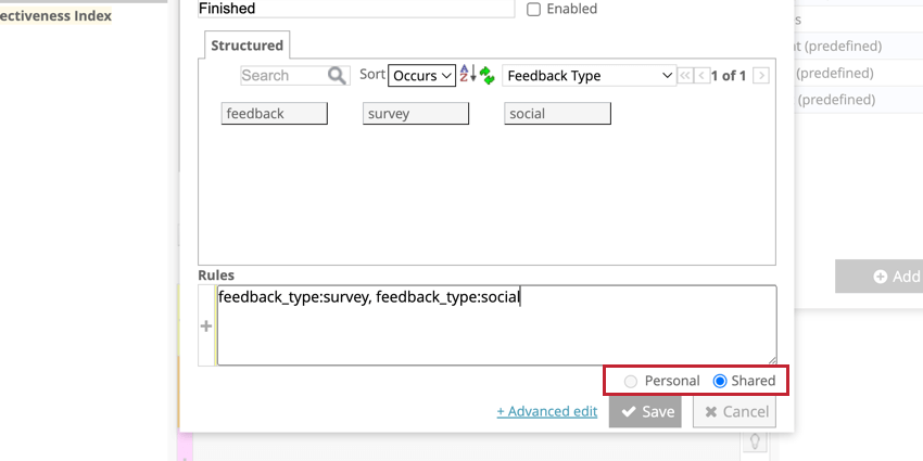 Sélectionnez sil sagit dun filtre personnel ou partagé