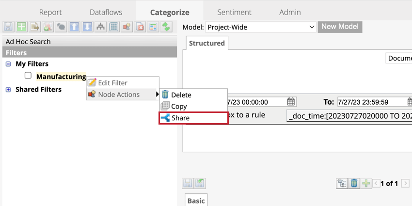 Opção Share (Compartilhar) no menu Node Actions (Ações do nó)