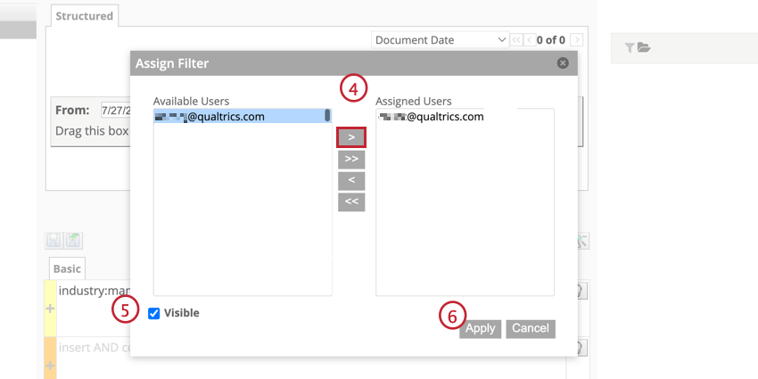 Highlights the arrow that moves users from the available users menu to the assigned users menu