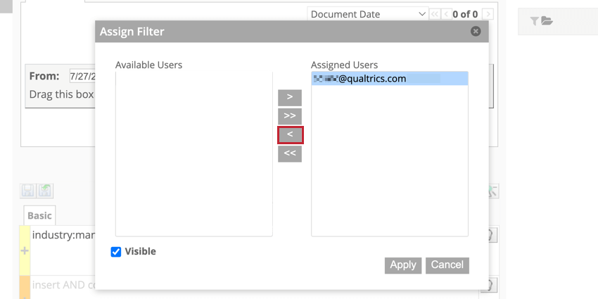 Highlighted arrows to move users between filters