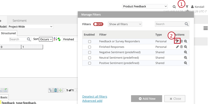 Highlights the edit icon by each filter