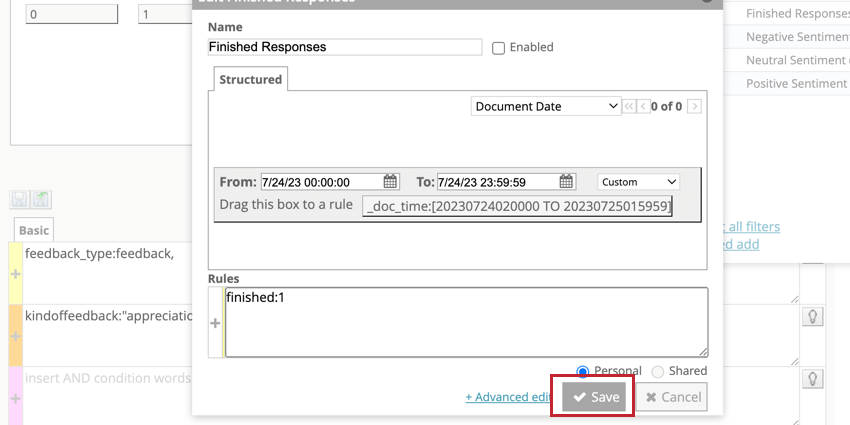 Resalta el botón guardar en el menú de filtro