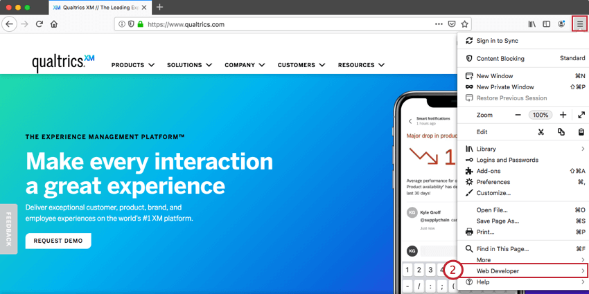 Bild der Web-Entwickler-Option in Firefox