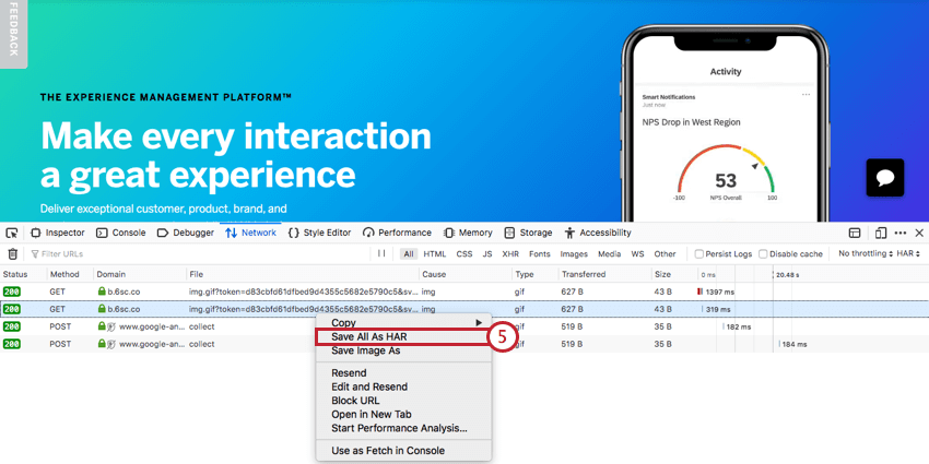 immagine dellopzione Salva tutto come HAR in Firefox