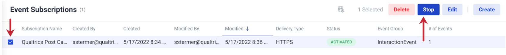 tela de assinatura evento no Five9, com setas apontando para a caixa de seleção e o botão de parada