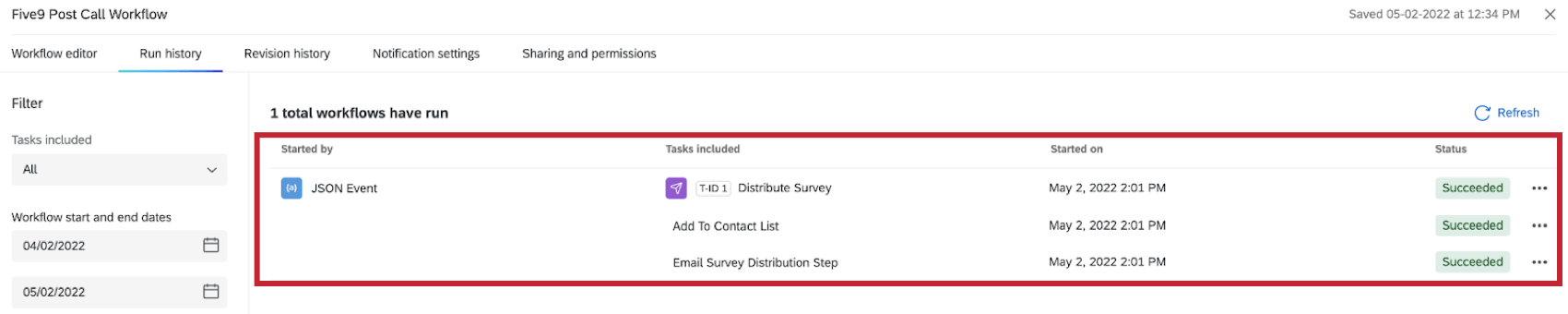 run history tab in workflows showing tasks with a status of "succeeded"