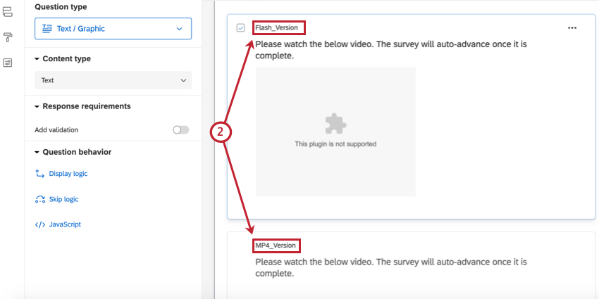 two different versions of the same question to display the flash and mp4 versions of our file