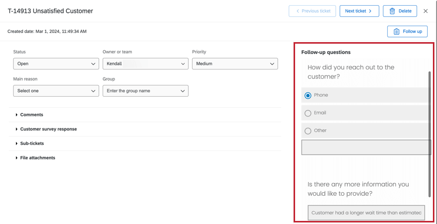 Follow up survey in a ticket