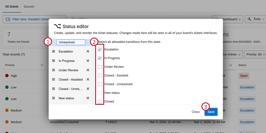 Steps numbered on status editor window, from status selection on left, to statuses down middle, to save in blue bottom-right