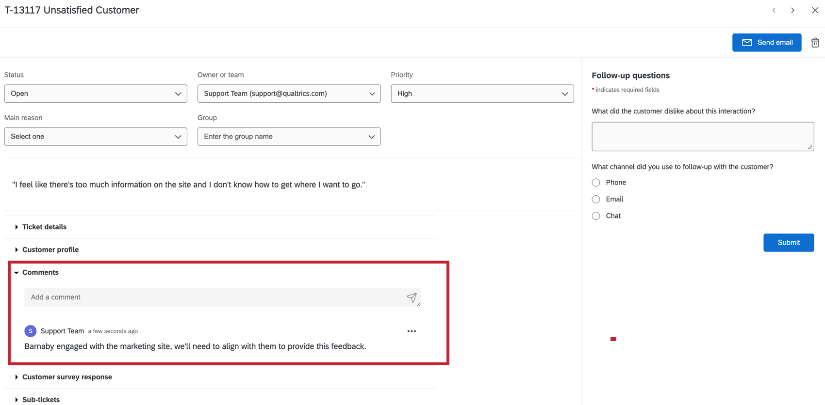 Comments section of a ticket