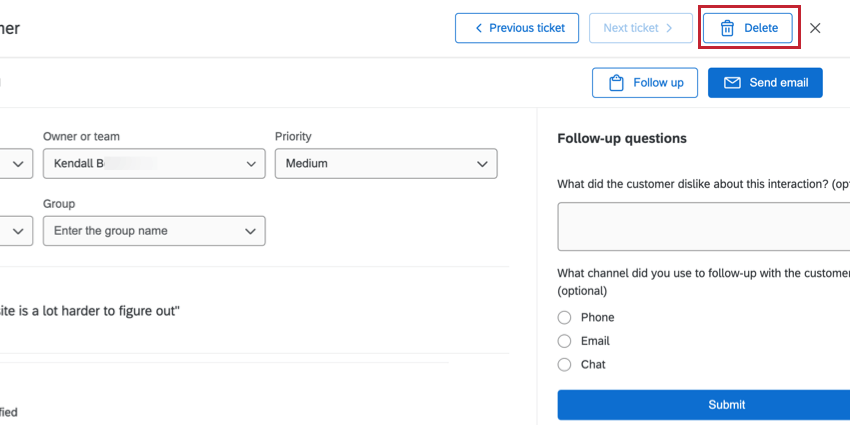 Delete icon in an open ticket