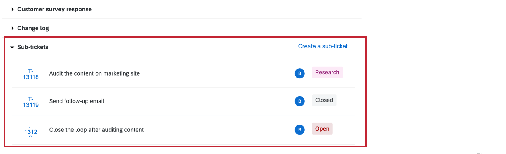 Ansicht des Abschnitts Untertickets