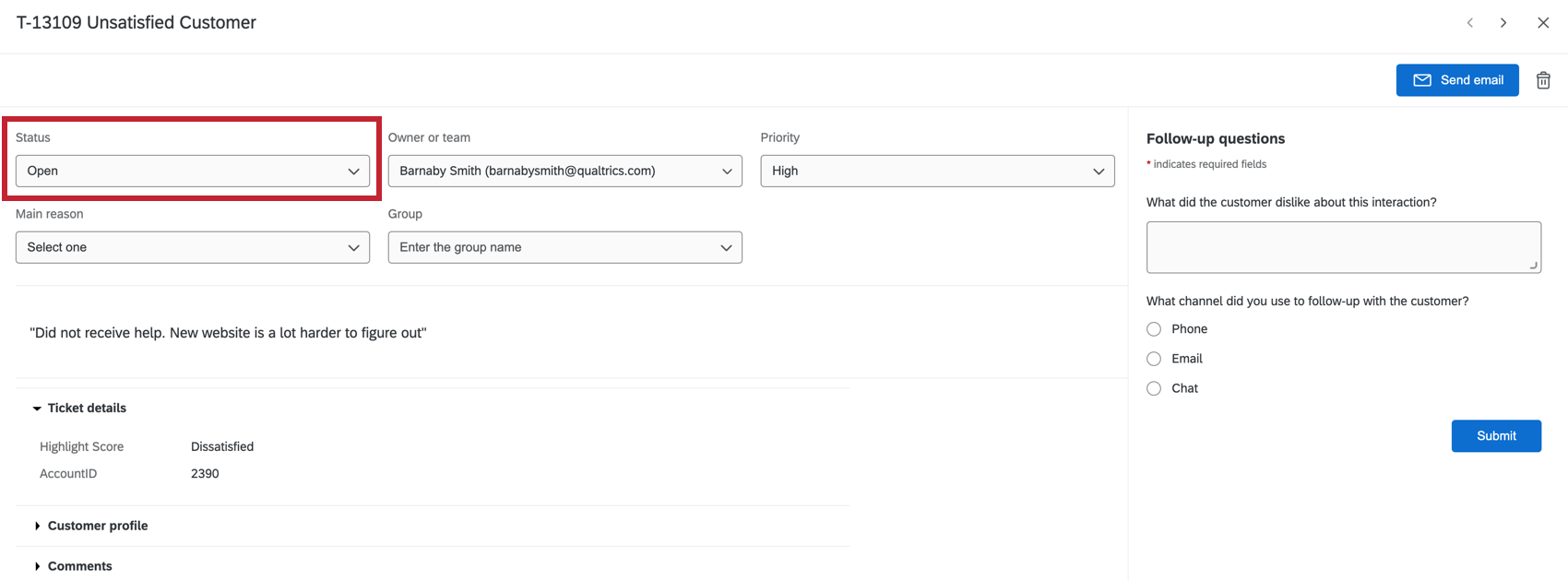 Dropdown-Menü der Spalte Status
