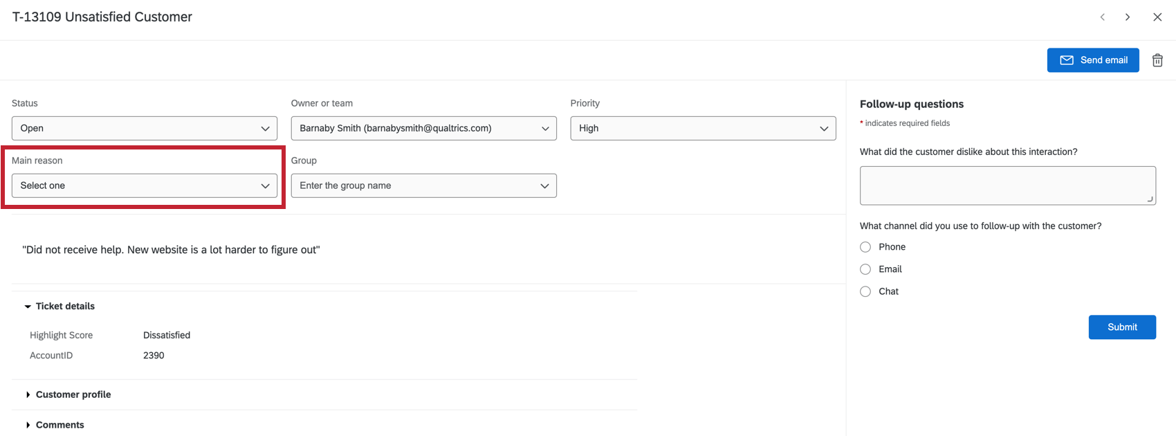 Main reason drop down menu