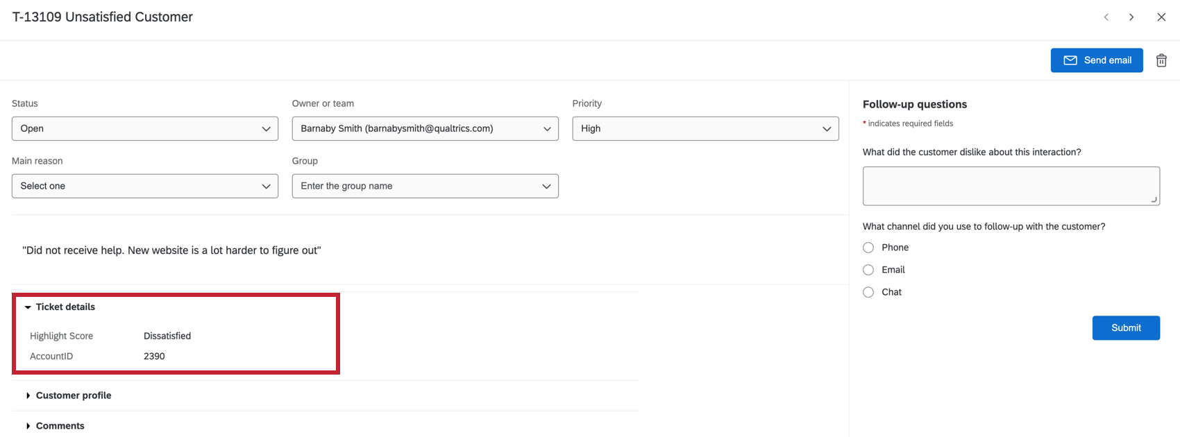 Ticket details dropdown in the ticket