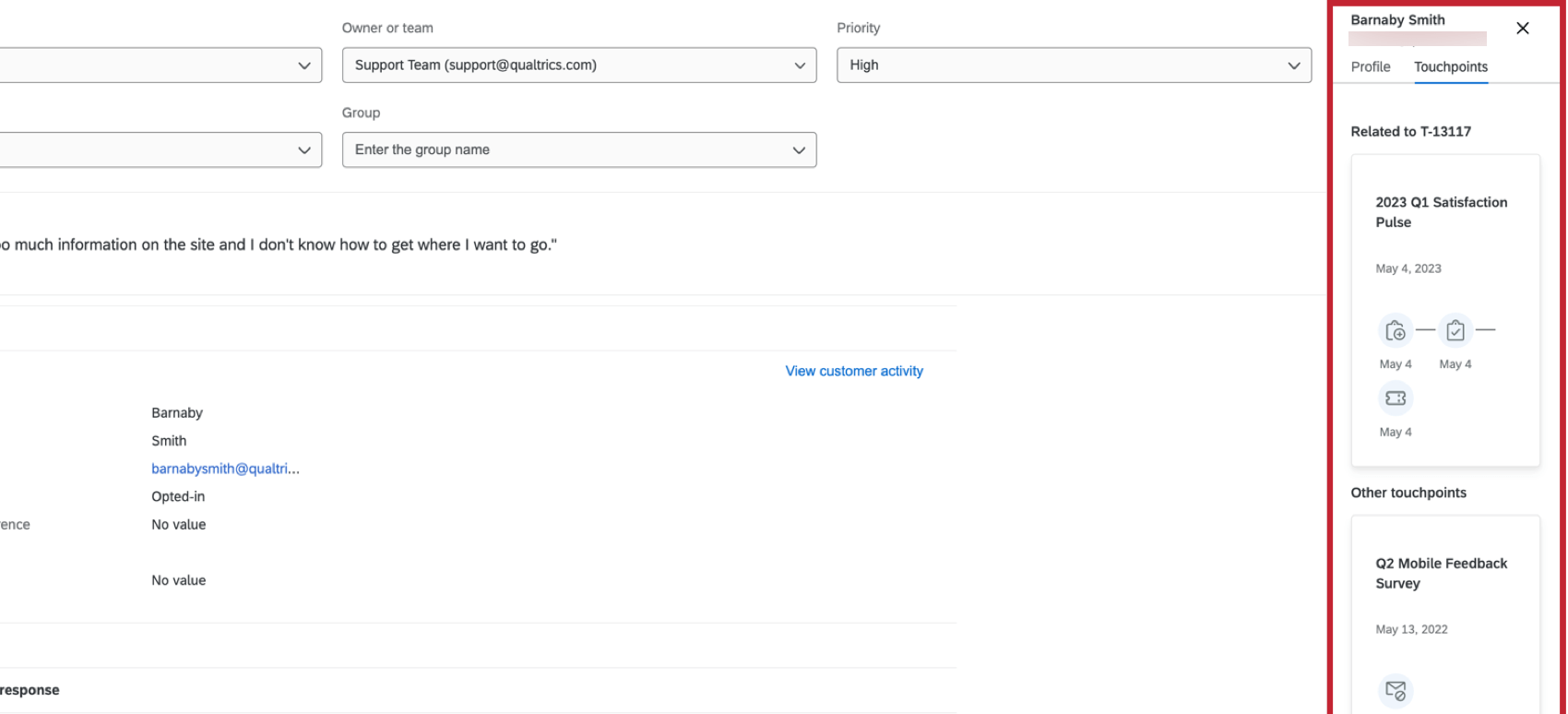 Dettagli del touchpoint nella creazione ticket sulla destra