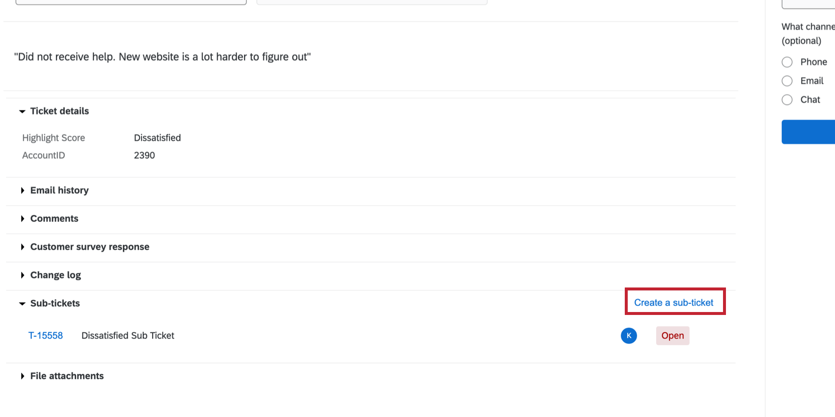 Create a subticket in a ticket