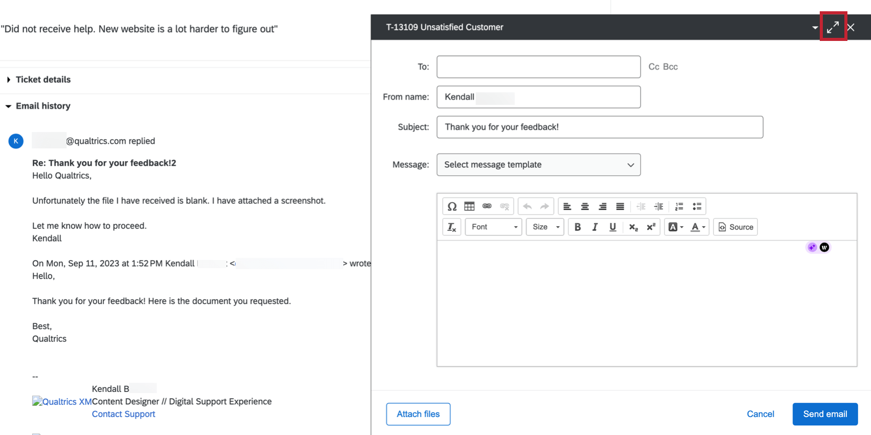 Botão de expansão que pode minimizar o e-mail