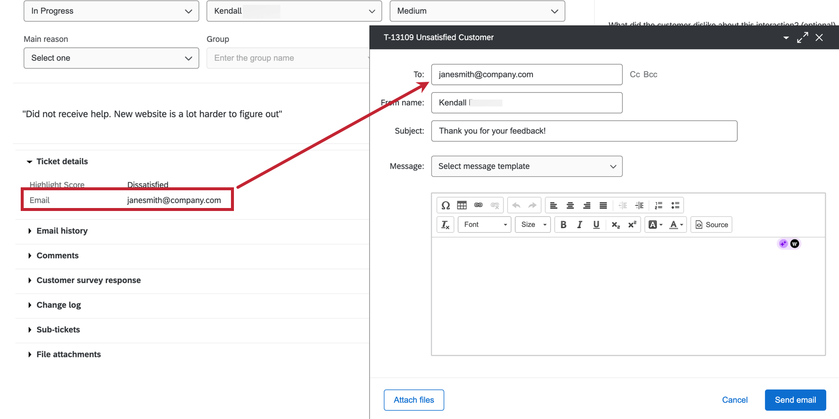 Le-mail presente nei dettagli del ticket è popolata anche nel campo "to" del menu delle-mail di follow-up