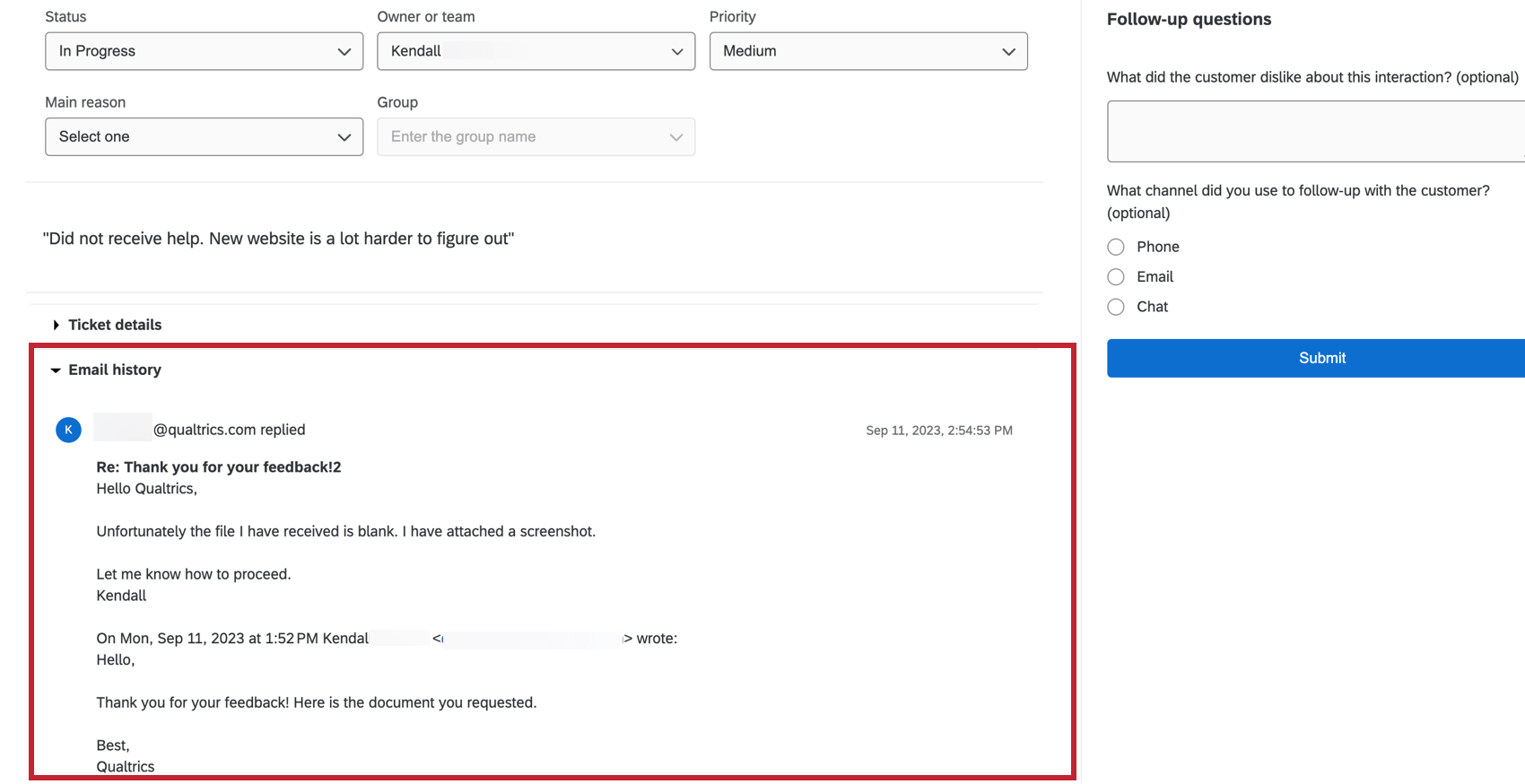 Sezione cronologia e-mail della creazione ticket
