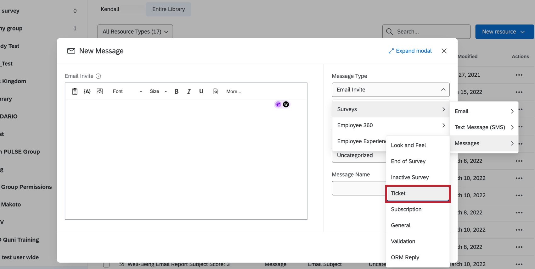 Ticket messages in the message library options