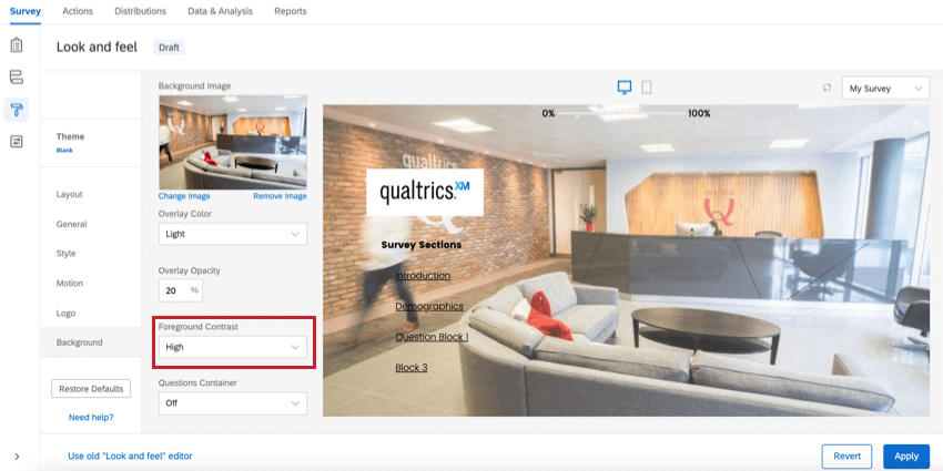 the foreground contrast option in the background tab of look & feel