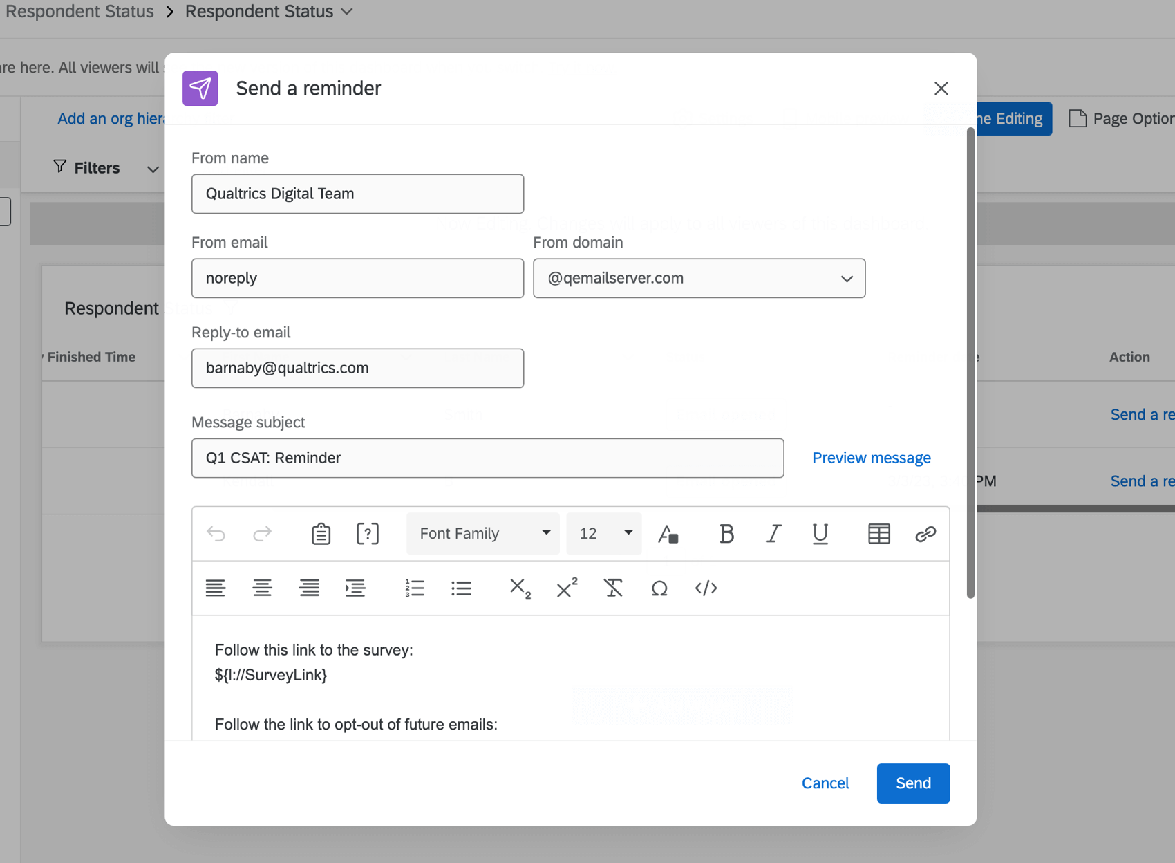 Pop up per linvio di une-mail di promemoria.