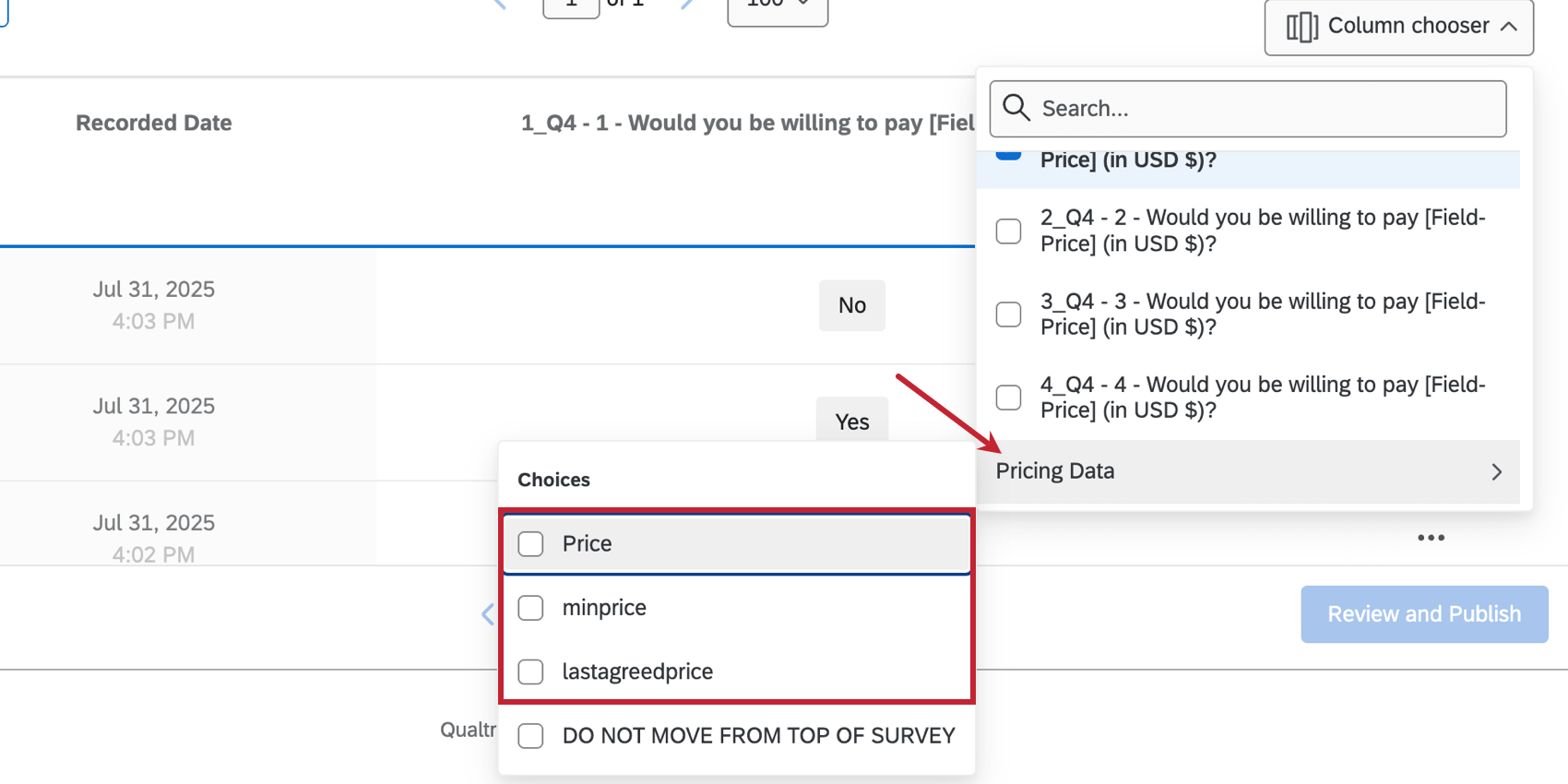 Pricing Data choices in the data & analysis
