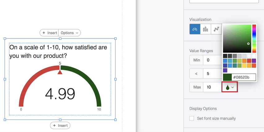 editing a gauge chart with the drop icon highlighted for changing range colors